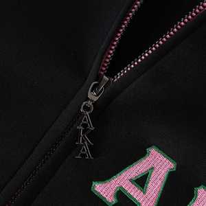 AKA Black Air Tech Fleece Warm <b>Up</b> <b>Jacket</b> Unisex Pink Green Trim Chenille Embroidery Greek Letter Premium <b>Zip</b> <b>Up</b> Athletic Fit - Product Image 6
