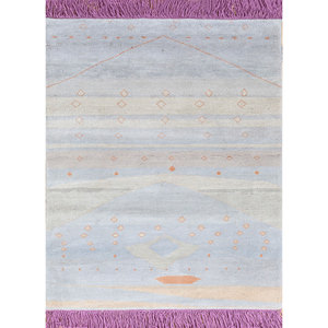 Alfombra Manchaha Azul de Lana y Seda Anudada a Mano con Patrón Geométrico Rectangular para Sala de Estar, Dormitorio y Pasillo, Modelo Lub-79 - Product Image 1