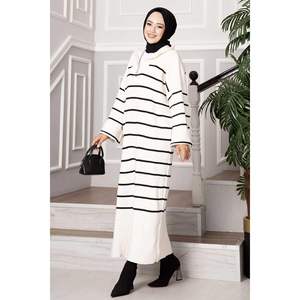 Vestido de punto de cuello alto a rayas crudo Casual de lana Bodycon botón hueco decoraciones Simple moda corto para Otoño/Invierno - Product Image 1