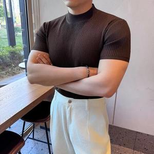 T-shirt Slim Fit à manches courtes en soie de glace tricotée à la mode d'été pour hommes Business Causal Classic Retro T Shirt - Product Image 6