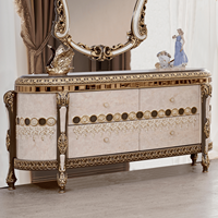 Ensemble de salle à manger 7 pièces de style européen en marbre ivoire, table à manger en bois baroque gris foncé doré sculpté, buffet, armoire à vin, villa