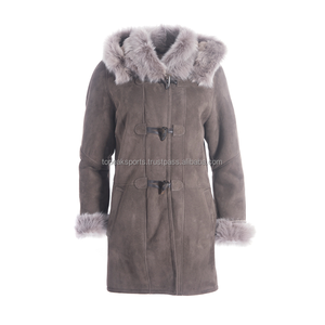 2026 OEM Premium <b>Grey</b> Sheepskin Leather Shearling <b>Coat</b> <b>With</b> <b>Fur</b> <b>Hood</b> For Women's 100%High Quality Plus-Size Winter Fashion <b>Coats</b> - Product Image 1