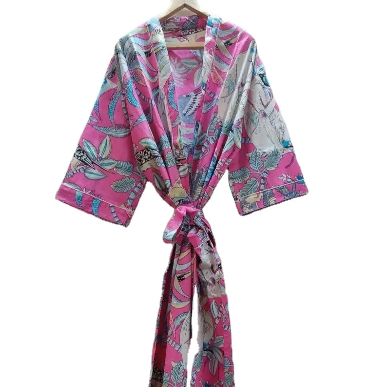 Mono estampado batas largas manga corta ropa de dormir Kimono estilo Albornoz Maxi vestidos indio Rosa Sexy mujeres Kantha Kimono Coverup OEM