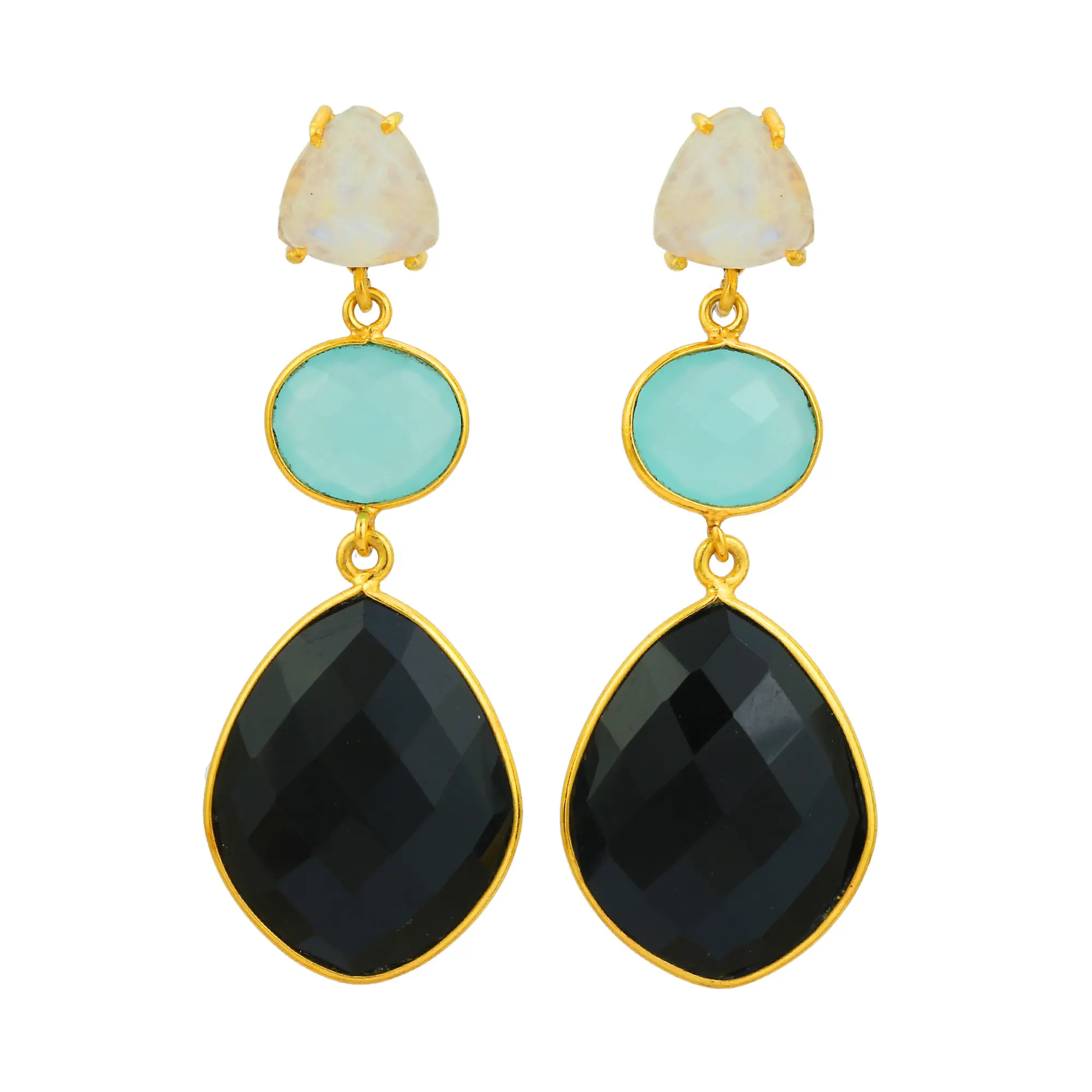 Top Natural White Rainbow Aqua chalcedony and black onyx long earring 925 Sterling silver earring