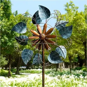 Moulin à vent double avec piquet en métal stable Attrape-vents pour l'extérieur, cour, patio, pelouse et jardin Décorations