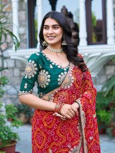 Latest Traditional Premium Pure Bandhrej Ethnic Saree For Women New Fashion Collection Heavy Pitha and <b>Gota</b> Patti Work - Product Image 2