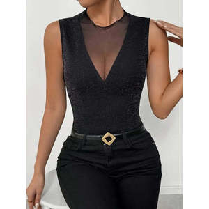 Blusa de tul sin mangas con cuello redondo y escote profundo en V con brillo para mujer, 36068 - Negro - Product Image 1