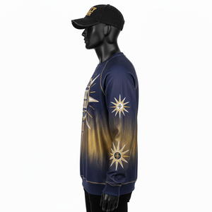 Sudadera de Felpa de Alta Calidad, 330 GSM, Lavado Ácido, Color Azul Marino con Degradado Dorado, Mangas Raglán, Paneles Personalizados con Bordado, Sudadera Básica - Product Image 2