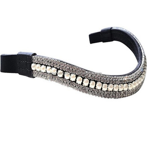 Bande de sourcils de cheval en cuir anglais noir avec combinaison décorative de 5 rangées de perles blanches et de cristaux bande de sourcils méga bling diamante - Product Image 2
