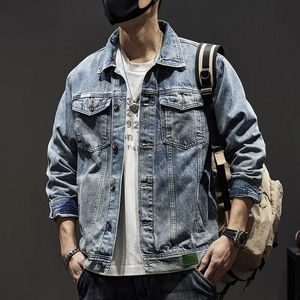 Chaqueta Vaquera para Hombre, Cuello Alto, Logotipo Frontal, Diseño Vintage con Capucha, Otoño, Alta Calidad, Transpirable, Resistente al Viento, 100% Algodón - Product Image 6