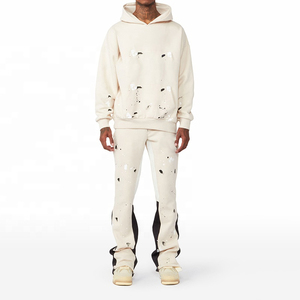 Custom Men's French Terry Sweatsuit Jogger Sets Distressed Patch <b>Applique</b> Raw Hem Flared Sweatpants Hoodie Rhinestone Plus Size - Product Image 1