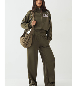 New Arrival Training Front Zipper Jogging Active Tracksuit Custom French Terry Winter <b>Top</b> Fashion Wide Leg Joggers Suit - Product Image 3