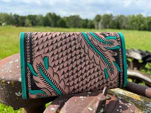 ABC GLOBAL EXIM Genuine Western Style Leather Turquoise <b>Purse</b> Wallet <b>RFID</b> Protection Fashion-Style Tooled Floral Wristlet All - Product Image 3