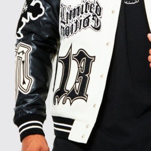 Blouson bomber surdimensionné pour homme, style streetwear, bicolore blanc et noir, imprimé lettres, imperméable, écologique, col montant - Product Image 2