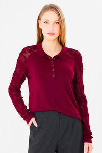 Blouse élégante en tricot à col polo pour femme - Motif rose, dentelle, manches longues, blanc, chic, tricot - Product Image 2