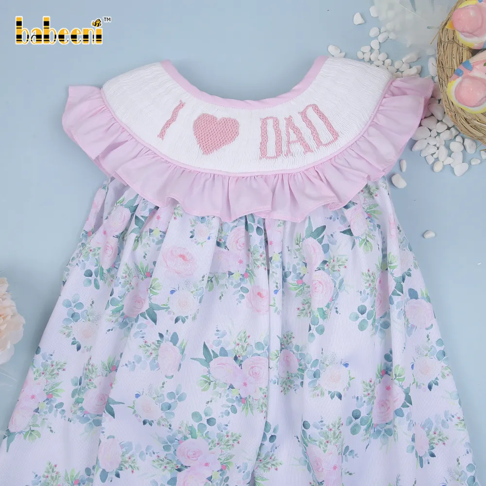 I love Dad smocked girl flower dress OEM ODM customized hand made embroidery wholesale smocked dresses - BB3030