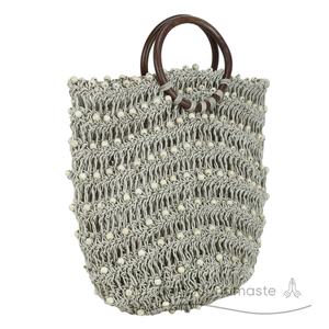 Borsa in juta con perline con manico in legno | Borsa alla moda Boho ecologica fatta a mano | Chiusura aperta India - Product Image 5