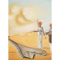 Tapis de Jaipur de style moderne, motif paysager orange mandarine/bleu paon, toile de peinture murale et tapisserie avec cadre