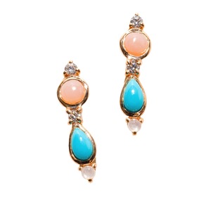 Boucles d'oreilles imposantes et ajustables en argent sterling S925 plaqué or 14K, avec turquoise, opale rose, pierre de lune blanche et zircon cubique - Product Image 1