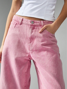 Hot Sale Wide Leg High <b>Waisted</b> Pastel Pink Cotton Denim Pants Woman Style Retro Button Casual Loose Fit Women's <b>Jeans</b> Pants - Product Image 6