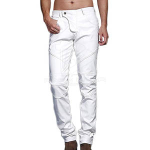Pantalones de vaquero de cuero PU para hombre, precio al por mayor, ropa de moda de Otoño Invierno, pantalones de cuero en blanco sólido grueso de cintura alta - Product Image 1