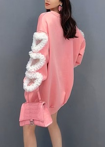 Oversized <b>Pink</b> Knitted 100% Cotton <b>Sweatshirt</b> Ruffle Heart Sleeves Plus Size Drop Shoulder O-Neck Long Sleeve Solid Color Winter - Product Image 2