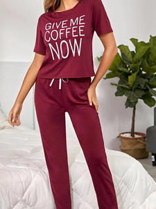 Conjunto de pijama de cintura elástica con estampado de letras de buena calidad, Top corto, ropa de dormir, conjuntos de ropa de dormir de verano para mujer - Product Image 6