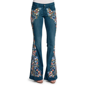 Jeans Elegantes para Mujer con Diseño Floral Bordado, Corte Holgado, Transpirables, Pierna Ancha, Personalizados - Product Image 4
