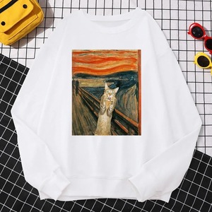 Casual Street Femme Pull Peinture À L'huile Cat's Dusk Print Sweat À Capuche Confortable Polaire Sweat Lâche Chaud Femme Sportswears - Product Image 2