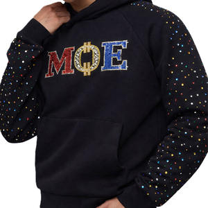 Rhinestone Letter Pullover Hoodie for <b>Men</b> Cotton <b>Fleece</b> Streetwear Contrast Sleeve Design OEM Manufacturing Wholesale <b>Black</b> - Product Image 3