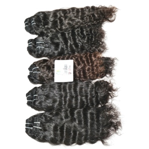 100% paquets de cheveux humains indiens ondulés vierges naturels non transformés Remy couleur noire cuticule alignée Machine Double trame Extensions - Product Image 3