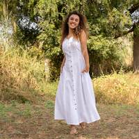 Kolsuz keten Maxi elbise organik Cinched bel yaz elbisesi cepler ile hafif rahat uzun elbise
