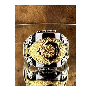 Anello da uomo in argento - Argento sterling 925, realizzato a mano, con motivo a mezzaluna e stella e pietra rossa. - Product Image 2