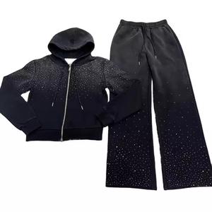 New Arrival Acid Wash Streetwear Hooded Heavyweight Solid Warm Winter Rhinestone <b>Tracksuit</b> High Quality Custom Logo Cotton - Product Image 2