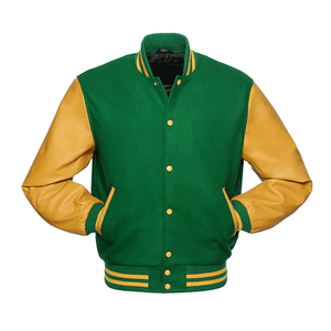 Veste universitaire verte pour homme avec manches en cuir, col montant, logo frontal - Veste universitaire en cuir personnalisée en gros, vestes pour homme - Product Image 2