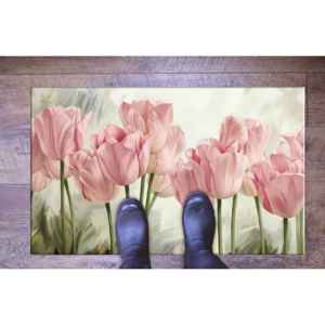 Tapis aux motifs de tulipes roses - Tapis imprimé avec un motif de fleurs roses, tapis à poils doux - Product Image 3
