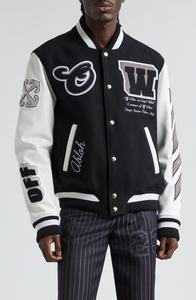 Chaqueta de béisbol de satén blanco y negro de moda bordada en la espalda con cremallera completa Varsity Sports Bomber Varsity Jacket - Product Image 5