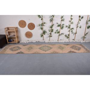 พรมสไตล์วินเทจทำด้วยมือสีเบจสีเบจสีฟ้าคลาสสิกขนแกะ2.8x12.2ฟุตทรงสี่เหลี่ยมผืนผ้างานเย็บปะติดน้ำยางวิสคอสสำหรับวัยรุ่น - Product Image 1