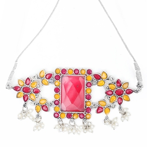 Gargantilla Vintage con Flores Rojas y Amarillas, Adornada con Perlas de Imitación y Diamantes - Product Image 3