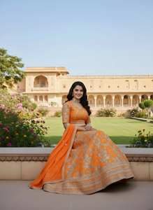 Resplandor en cada giro, esta vibrante lehenga naranja con intrincados bordados plateados es pura elegancia festiva. - Product Image 2