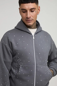 Sudadera con capucha para hombre, extragrande, con cremallera frontal, estampada, con pedrería gris, de algodón grueso transpirable, con logotipo personalizado - Product Image 3