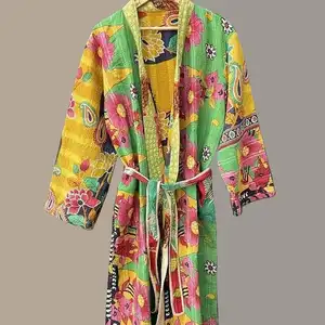 复古奢华和服Kantha长袍印度多色绗缝睡袍复古风格100% 棉什锦设计长袍