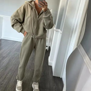 Survêtement Femme Sweatshirts à capuche zippés Poches solides Taille élastique Pantalon droit Deux pièces Ensembles épais Sports Casual - Product Image 1