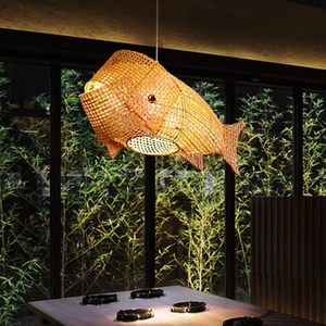 Lampe suspendue en bambou faite à la main en forme de poisson |   Lampe suspendue créative en forme d'animal tissé pour restaurant, salon de thé - Product Image 2
