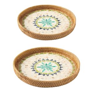 Decorative Rattan Wicker <b>Serving</b> Tray Mother Pearl Inlay-Multi-Functional Bread Basket Fruit Storage Tray for Coffee Table Use - Product Image 4