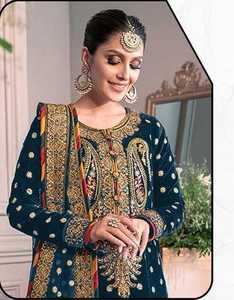 Luxueux velours Shalwar Kameez broderie complexe Chinon Dupatta fond Santoon Collection d'hiver parfaite pour les Indiens - Product Image 1