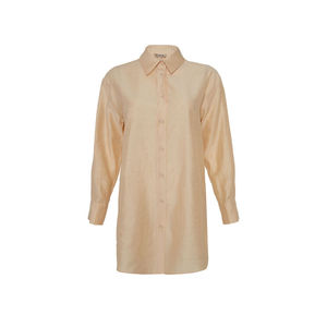 Blusa de Lino Beige de Corte Holgado con Logotipo Bordado y Cuello Alto Asimétrico - Product Image 1