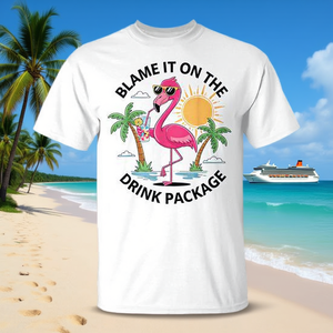 Camiseta promocional Flamingo Cruise Blame It on the Drink Package para beber bebidas alcohólicas - Product Image 3
