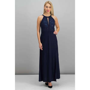 Abito da sera lungo in chiffon blu navy con pizzo e scollo all'americana da donna Nightway, taglia 10, stile ballo, design semplice e naturale - Product Image 1