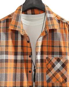Camisa de franela a cuadros naranja y marrón personalizada para hombre, de manga larga, con botones, informal, de algodón, para uso diario en otoño e invierno. - Product Image 4